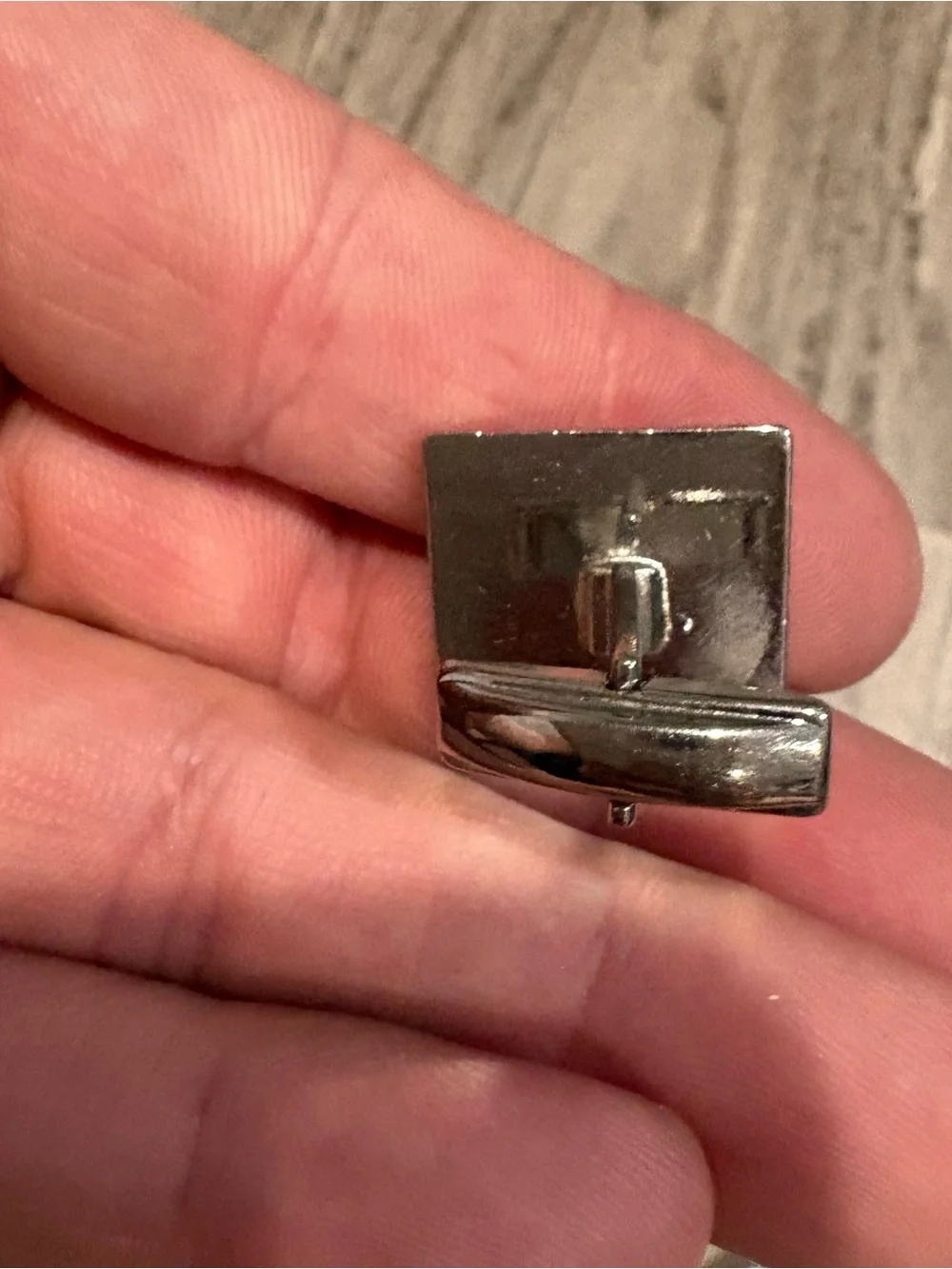 Silver Tone Cuff Links With Large Square Black/ White Swirl Inlay Stone